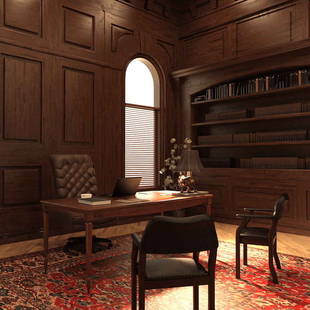 Estate office 3d model showing a desk, armchair and two guest chairs