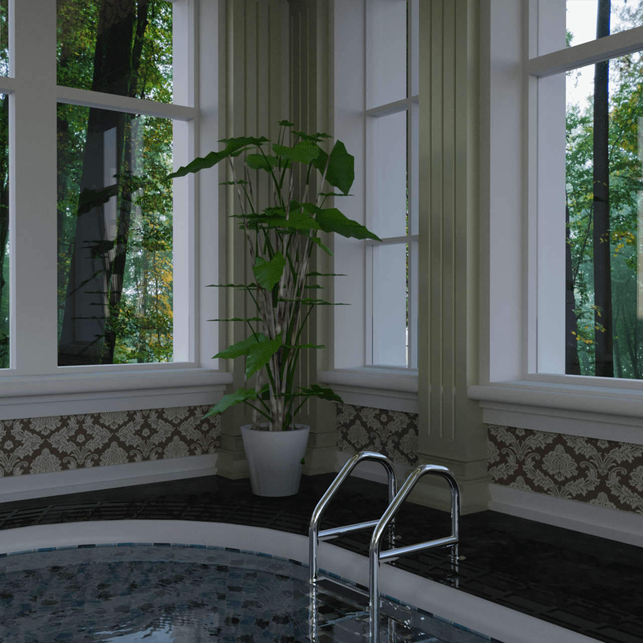 Pool entry with decoration such as plants in the background