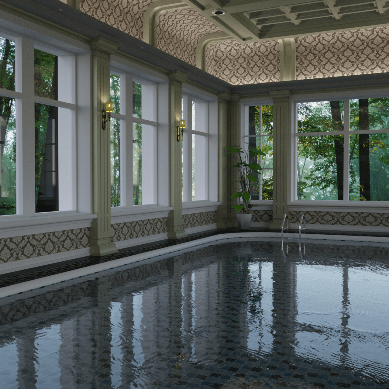 Differen backdrop with a wood applied to the classic indoor pool 3d model