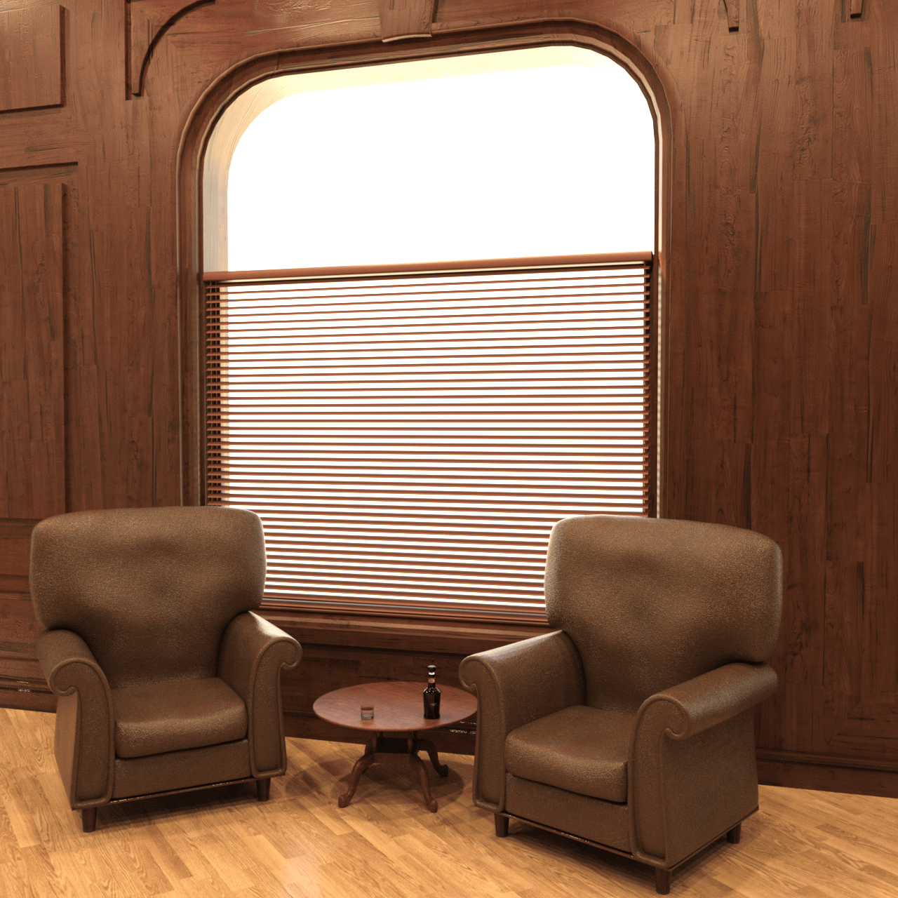 Two chairs, table and drink props rendering.
