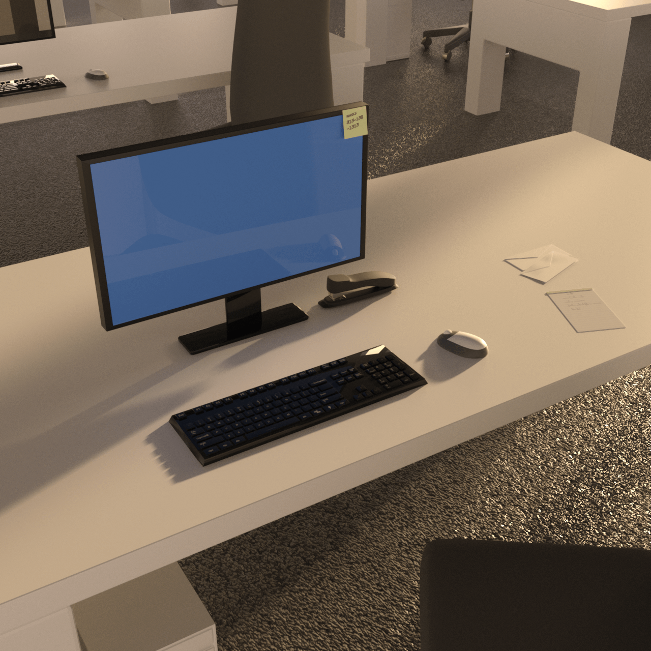 computer monitor 3d model including keyboard and mouse on a desk