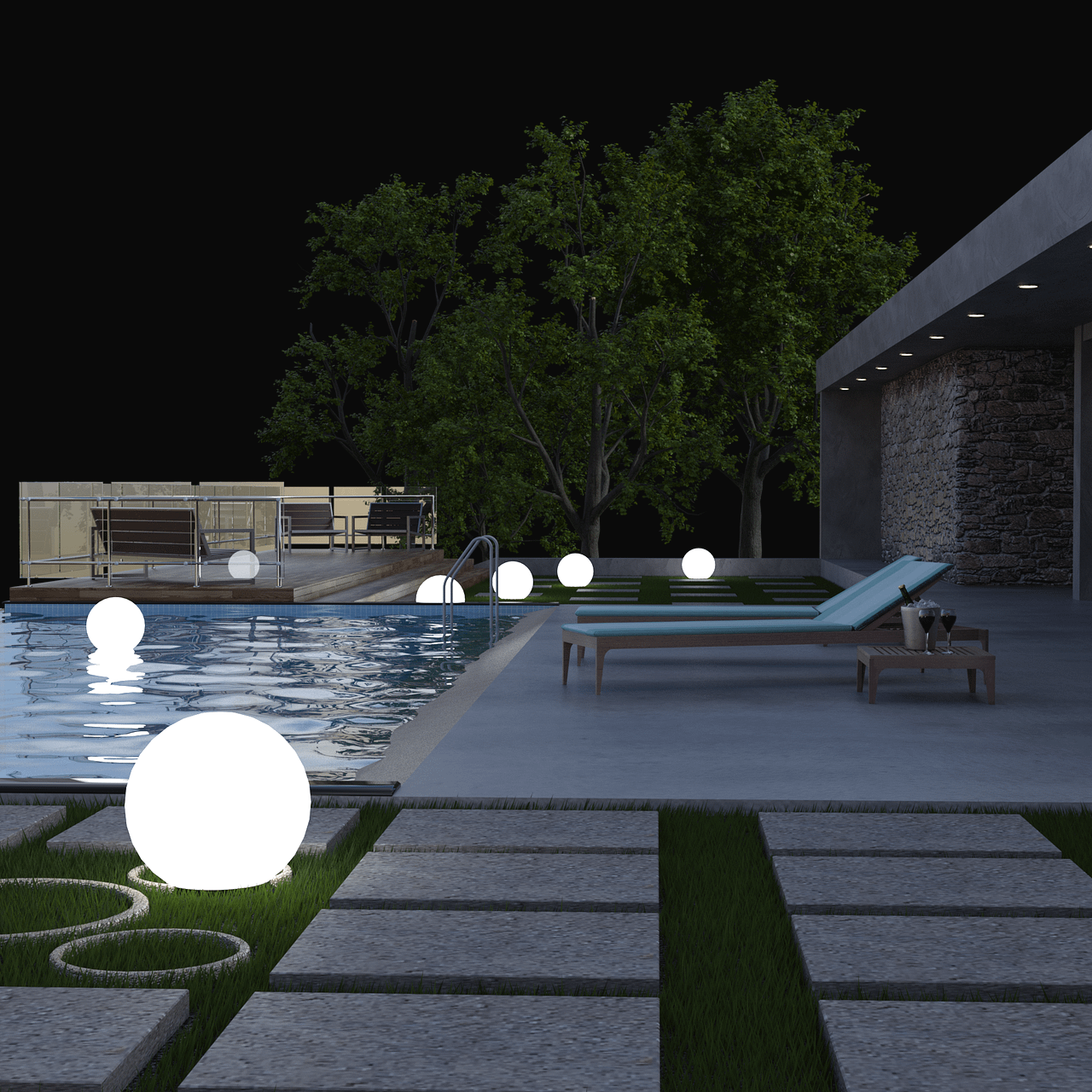 Villa with pool 3d model at night