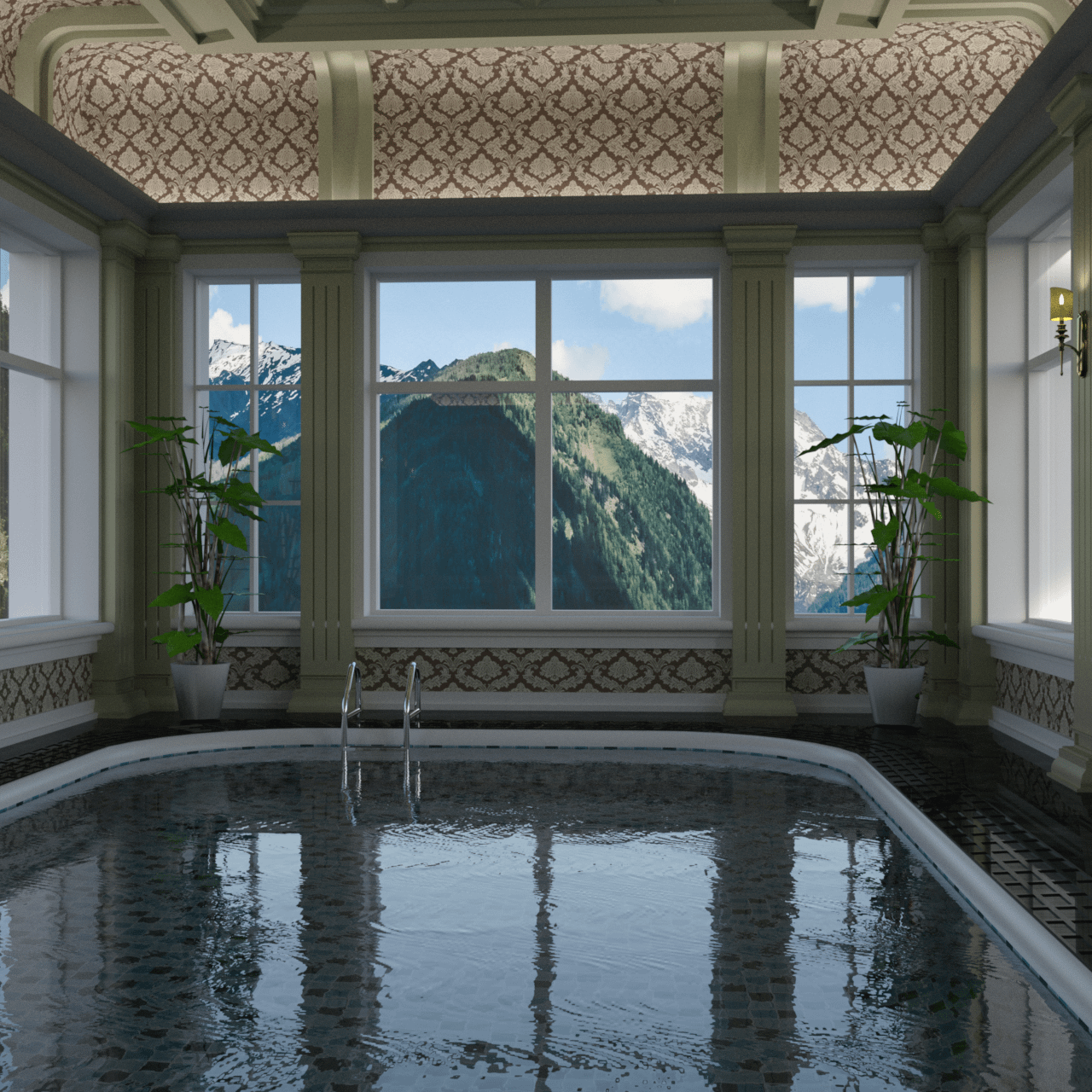 Private indoor pool 3d model with classic interior