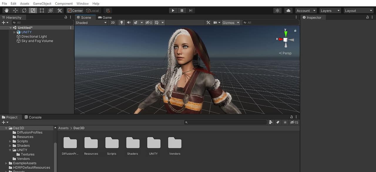 unity showing imported daz character