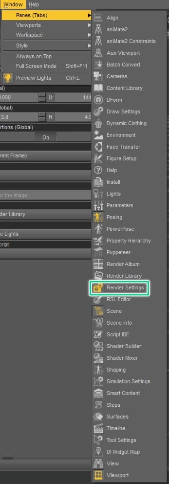 How to enable Render Settings inside daz studio