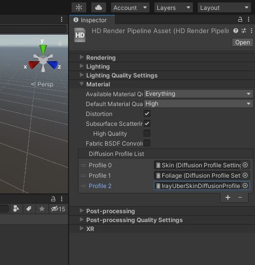 unity3d inspector panel diffusion profile skin shader material