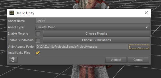 daz studio 3d export options to unity3d skeletal mesh