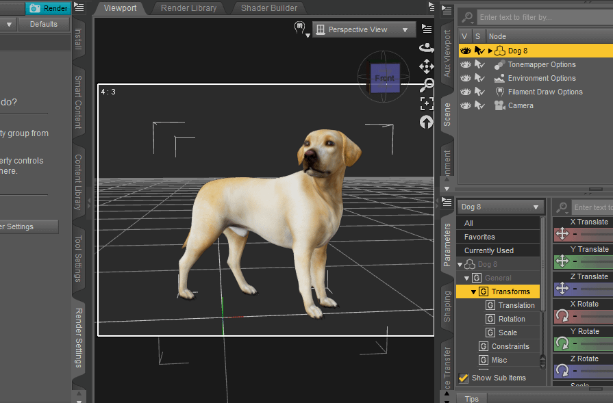 daz viewport preview filament render scene options dog