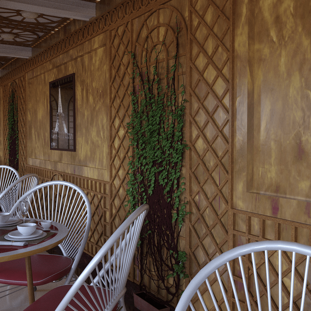 Close view to wall decoration inside the cafe showing plants
