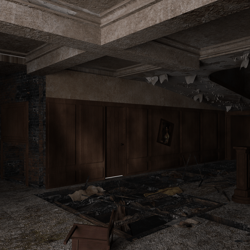horror house interior with broken floor