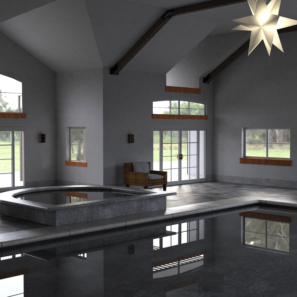Pool house 3d model with  a swimming pool, jacuzzi and a lot of window lights