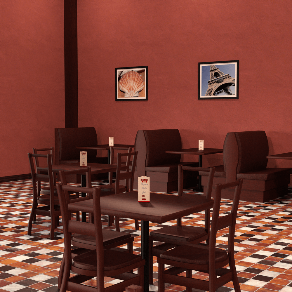 Image of a restaurant 3d model showing several tables and chairs