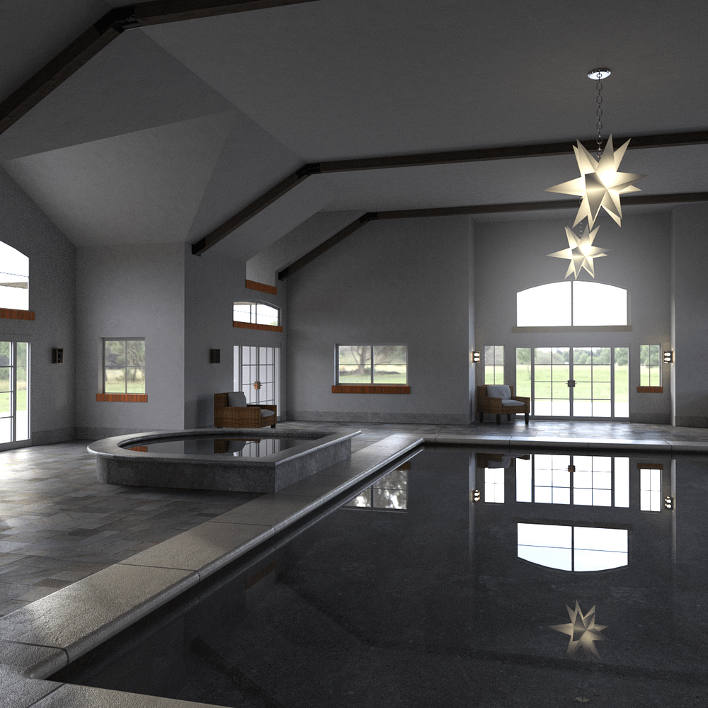 Pool house 3d rendering showing a spacious swimming pool including a small Jacuzzi