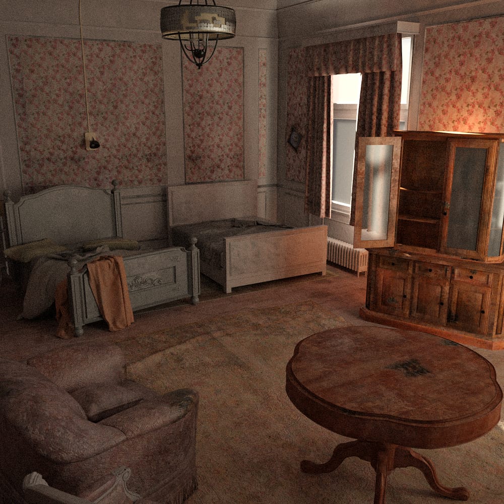Abandoned house interior with furniture 3d assets