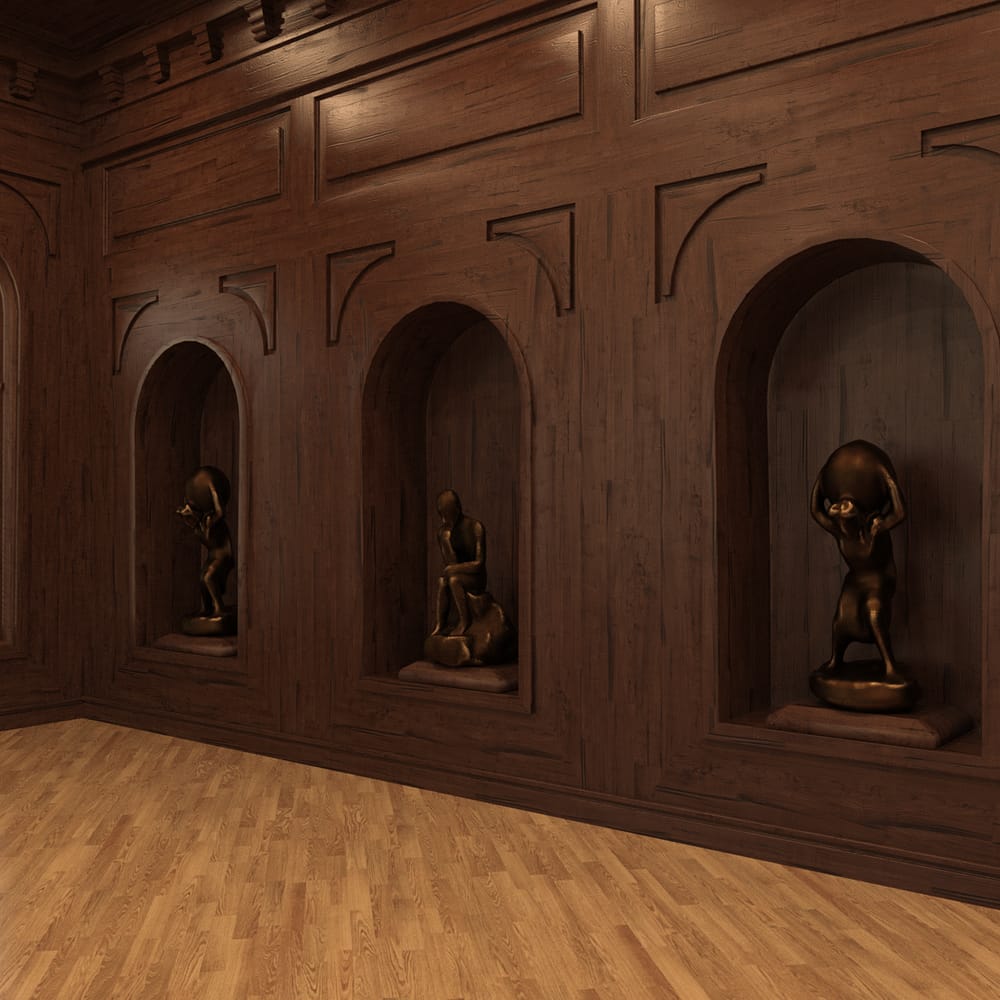 Three sculpted pieces inside the walls render.