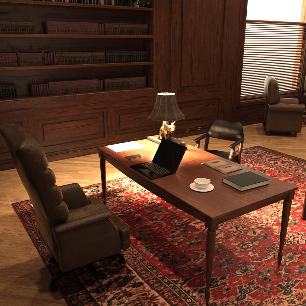 3d Model of an office desk with laptop, desk lamp and other props