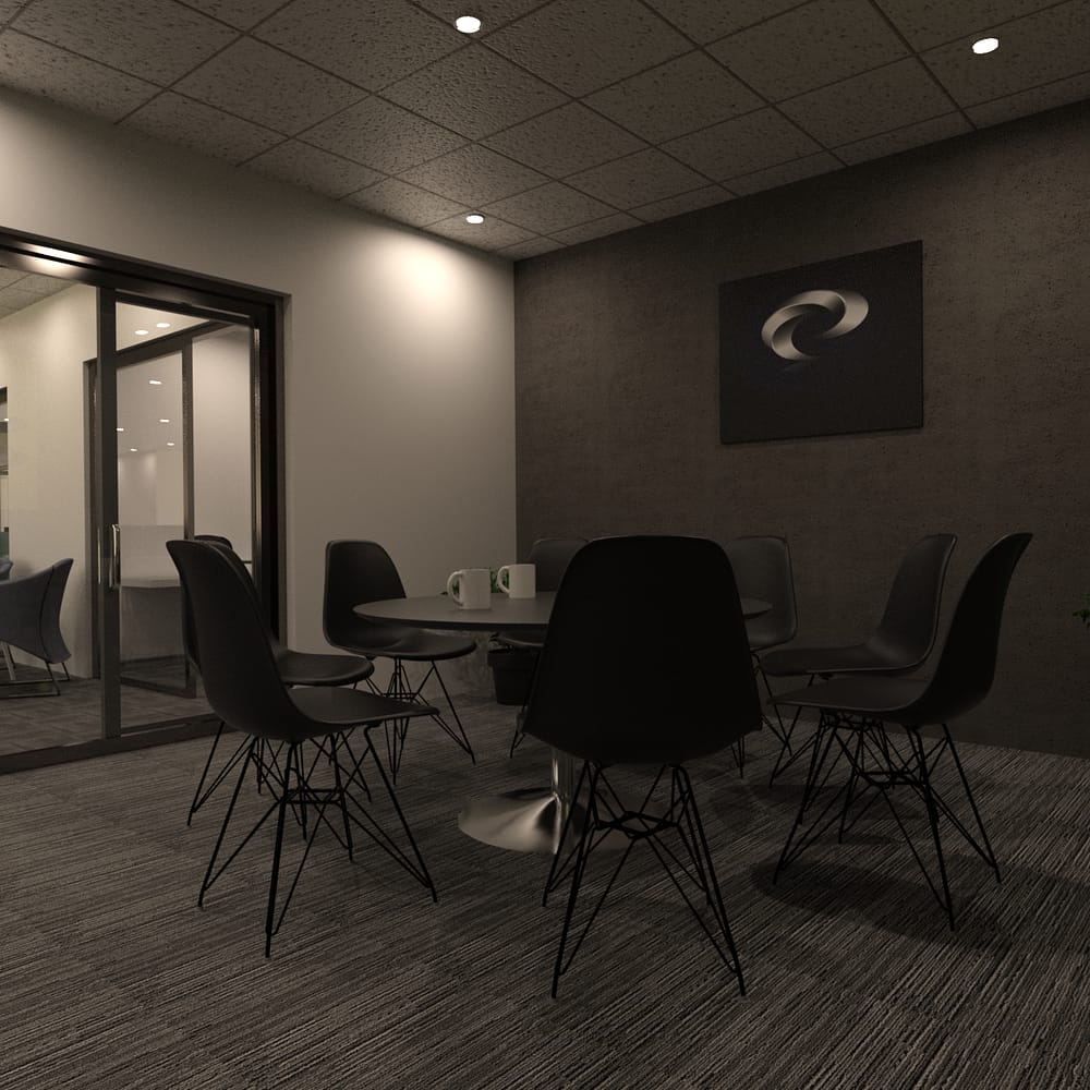 3d models of chairs and tables inside the office space
