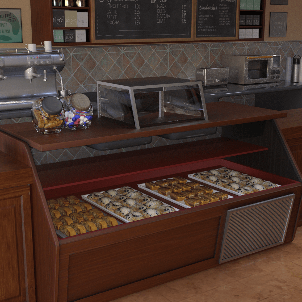 Detailed rendered view of the counter with different offered food