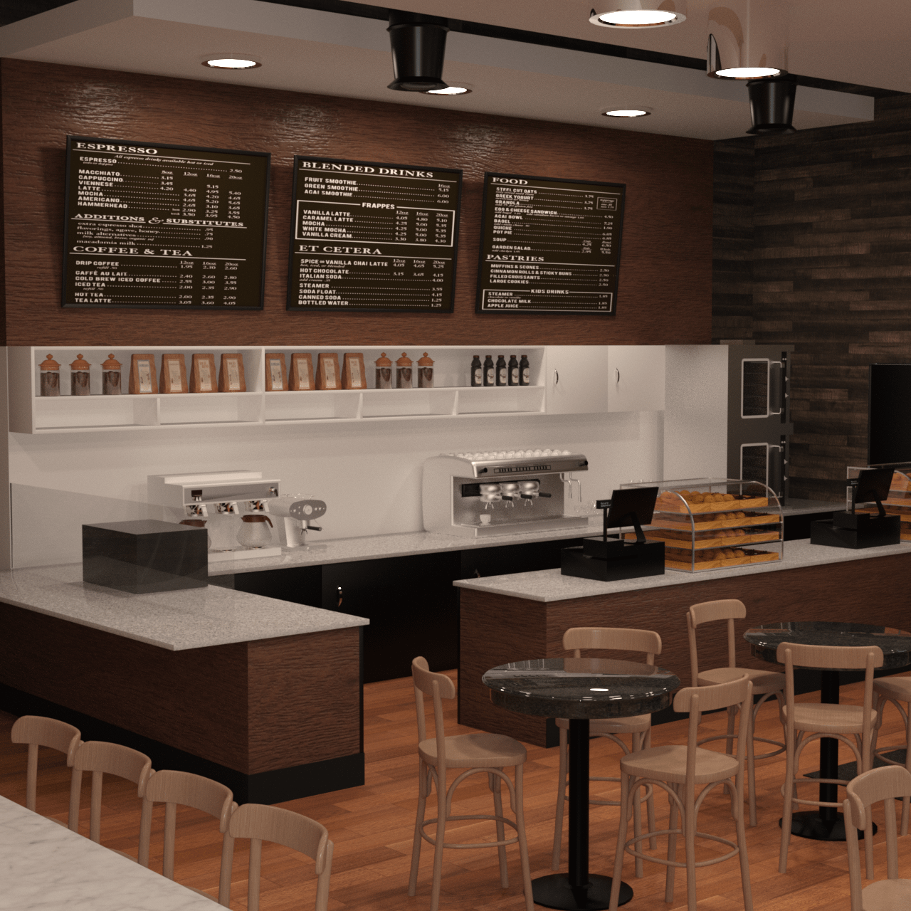 Coffee shop 3d model showing the environment with tables, chairs and the counter