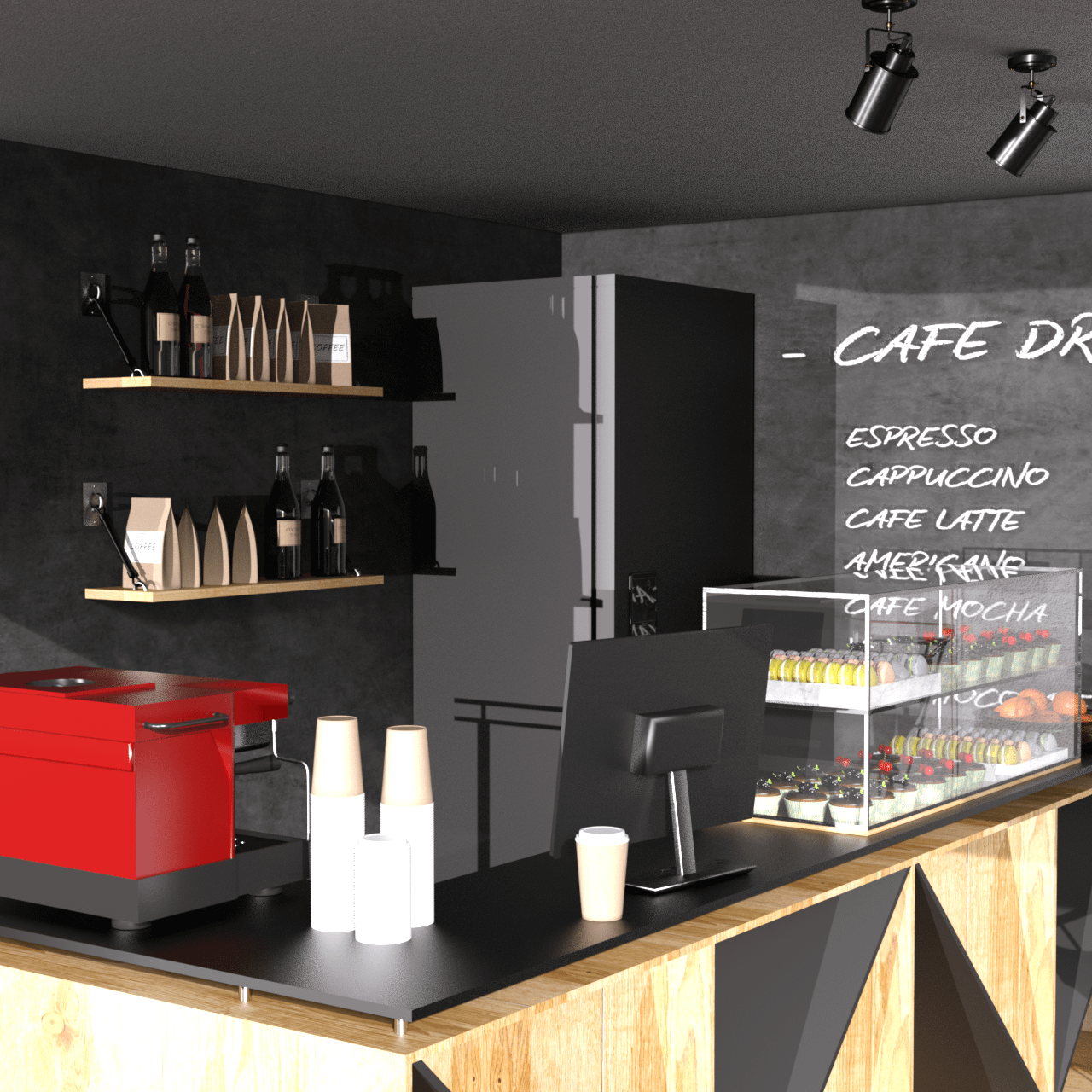 Counter of the cafe 3d model showing multiple props