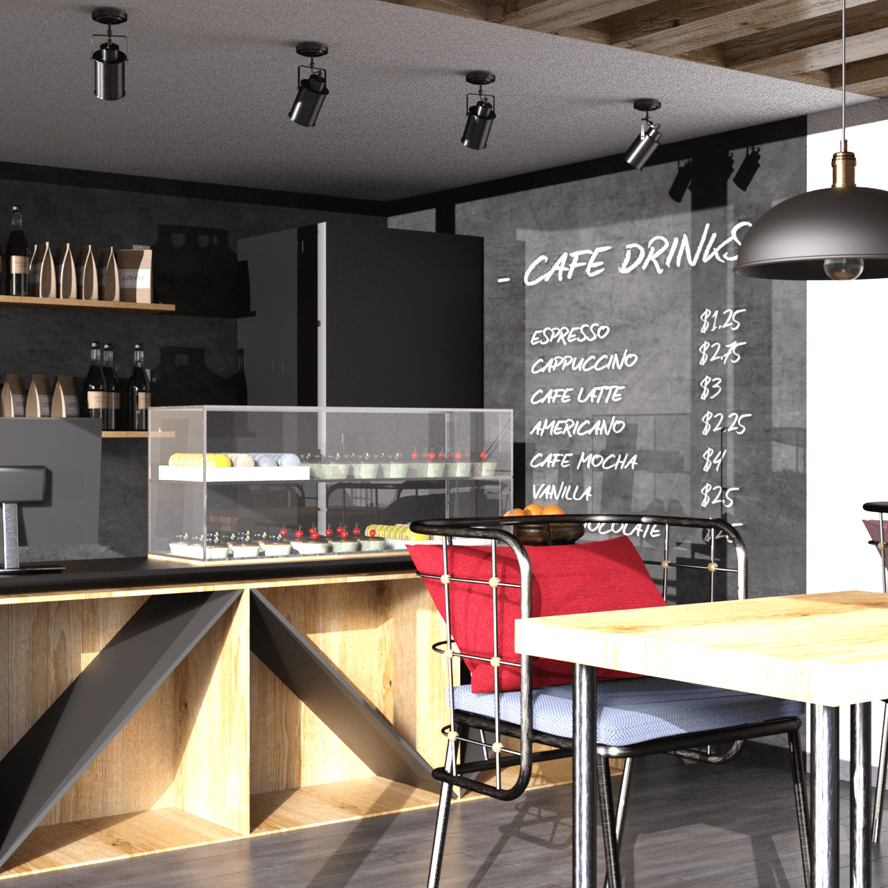 Tiny cafe 3d model with view on the counter and a table with chair