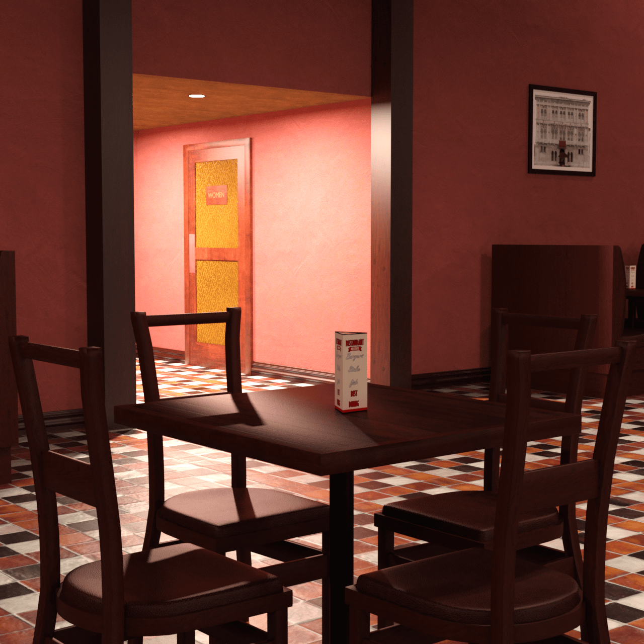 Close view on the rendered table and four chairs