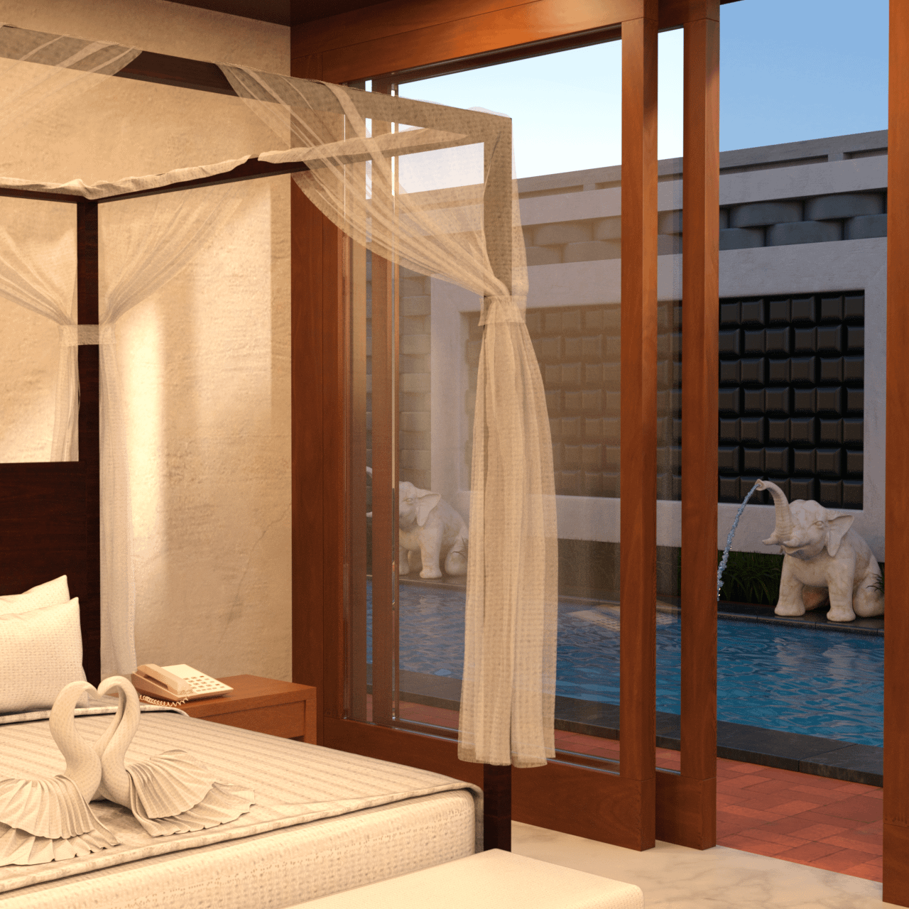 3d model of a bedroom next to the pool