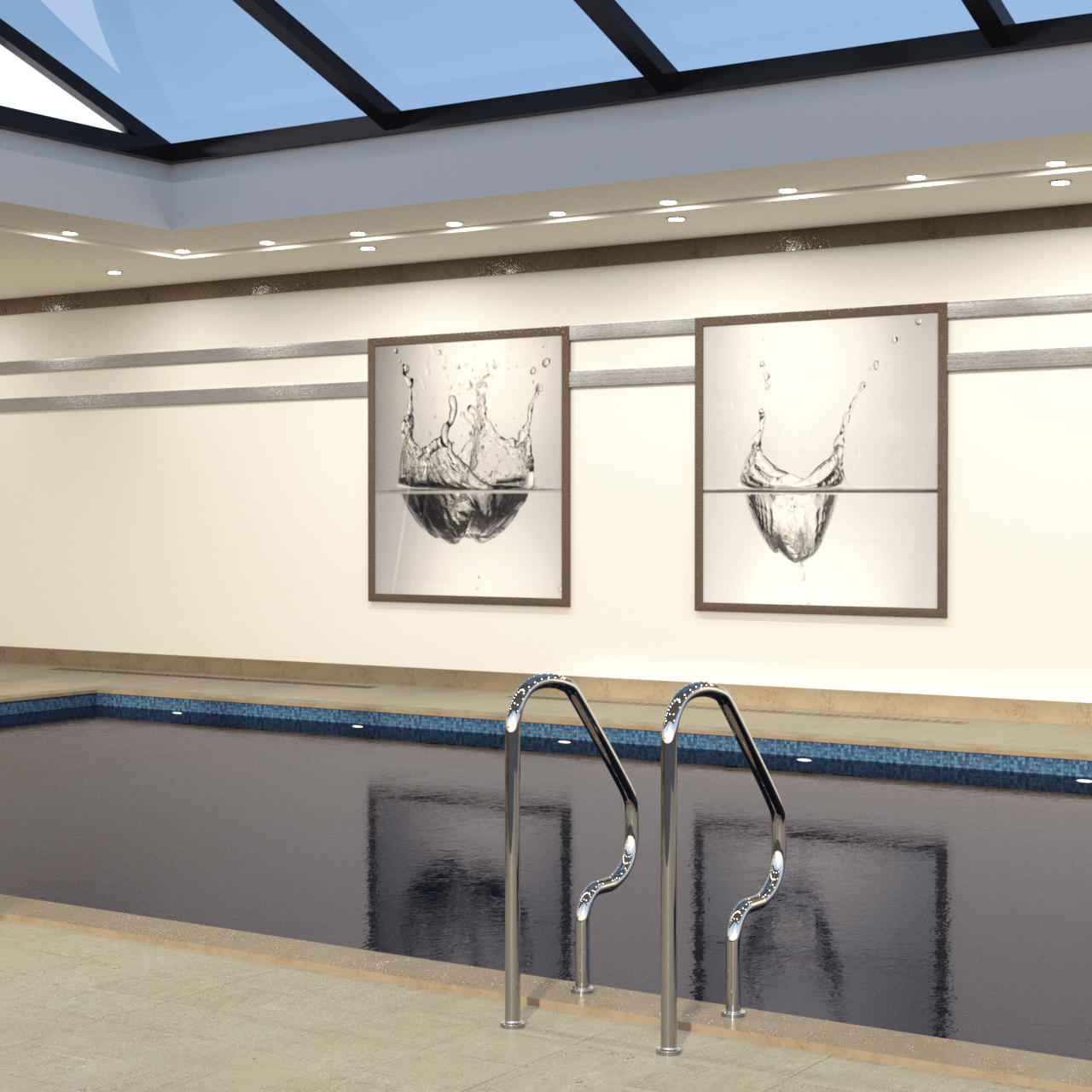 Pool entrance with background showing also two paintings and a glass roof