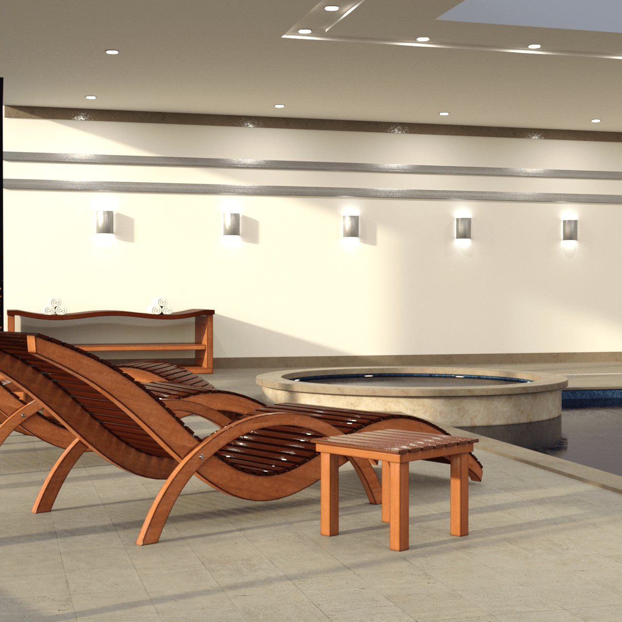 3d model of a deck chair with small table in front of the jacuzzi