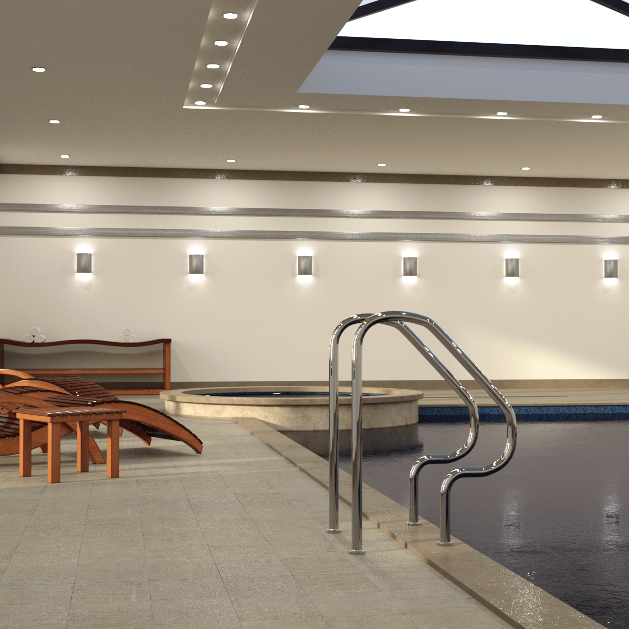 Rendering of a pool entrance and some deck chairs in the background