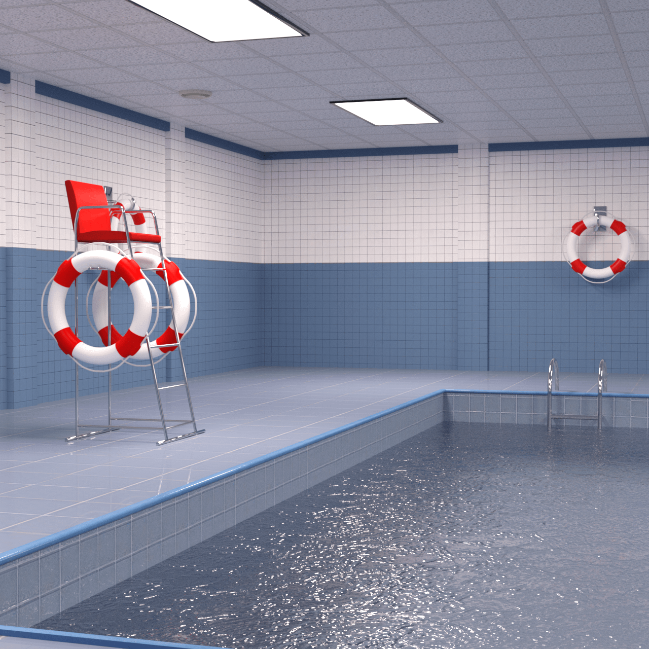 Rendering of an indoor swimming pool 3d model and lifebelt