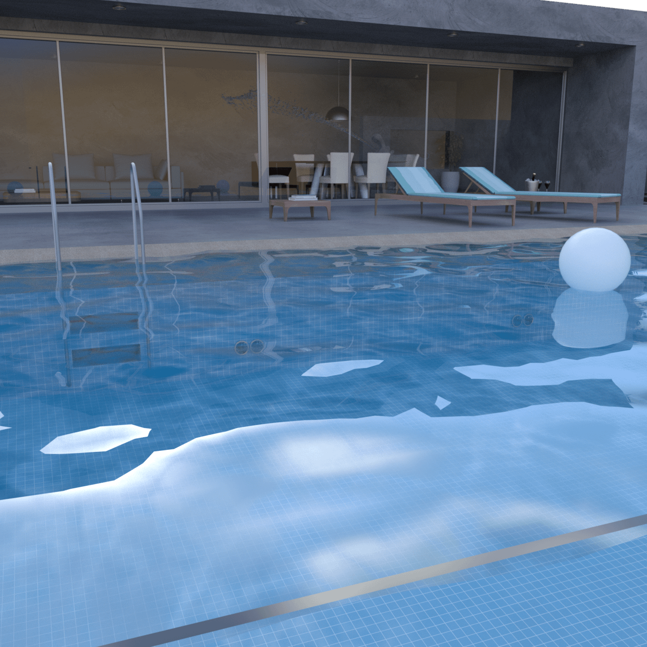 Swimming pool 3d model with a house with big windows in the background