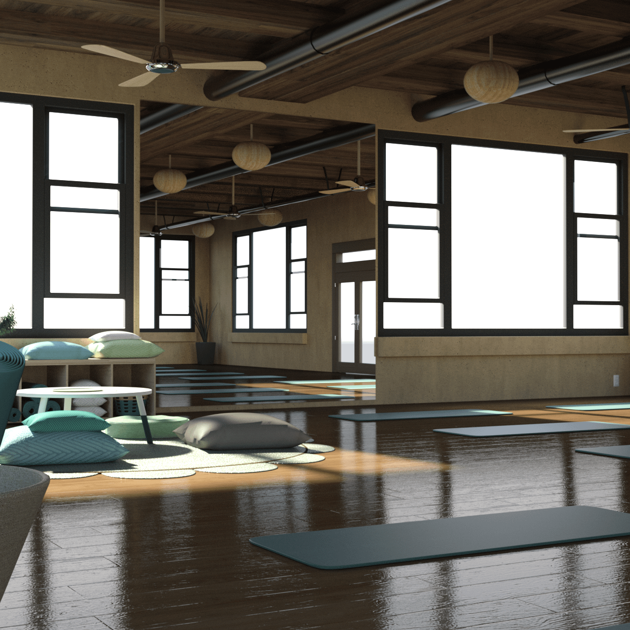 Yoga studio 3d model featuring mats, seating shelf, rug and pollows