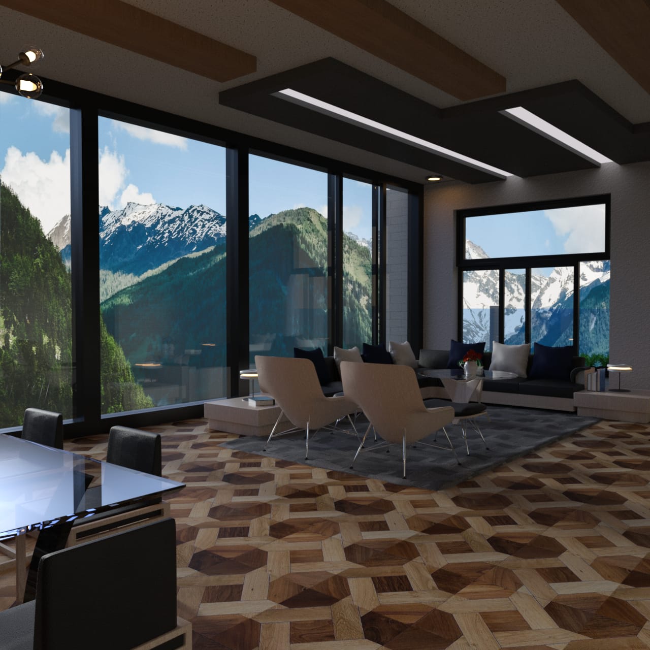 3d asset of a penthouse living room with big windows