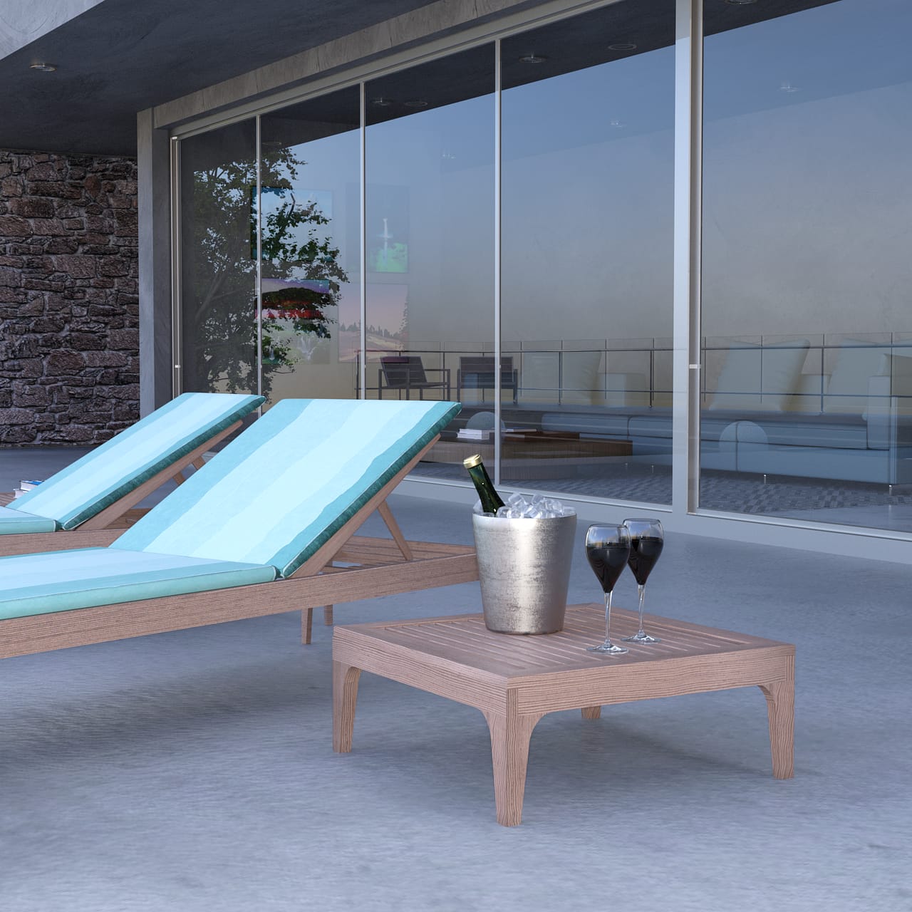 3d model of a Deck chair with a table and champagne bottle