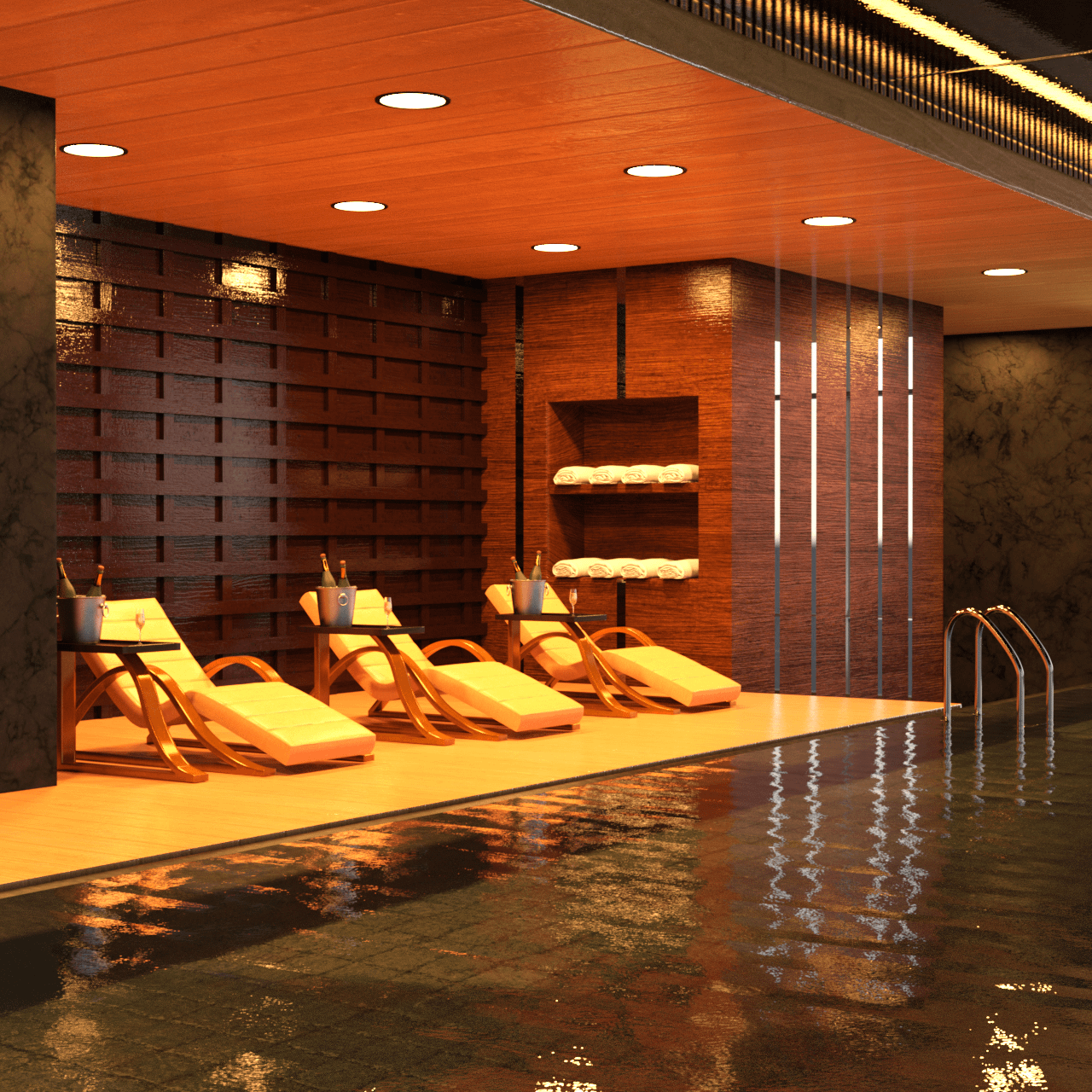 Rendering of a 3d hotel swimming pool, deck chairs and champagne