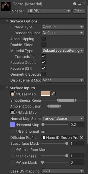 unity material texture parameters inspector skin diffusion profile subsurface scattering