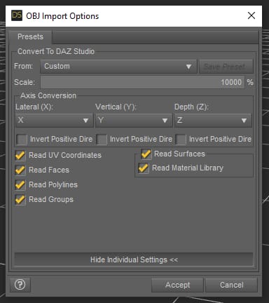daz studio object import options for blender 3d model