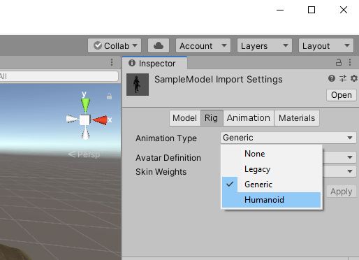 unity animation settings for rigging