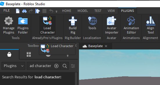 roblox studio app toolbar plugin load character