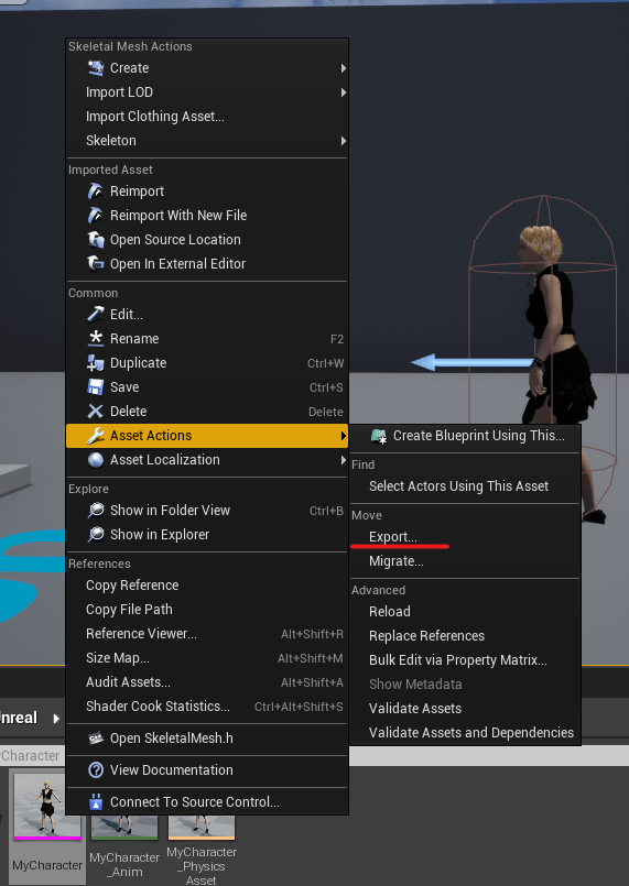 exporting character from unreal engine content
