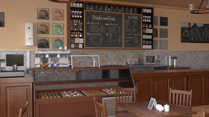 Coffee bar 3d model showing counter and table with chairs