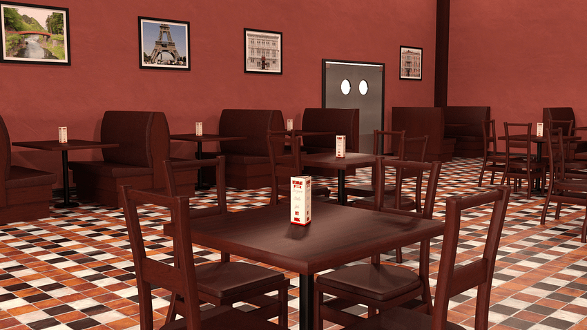 Restaurant 3d model close up of a table with chairs